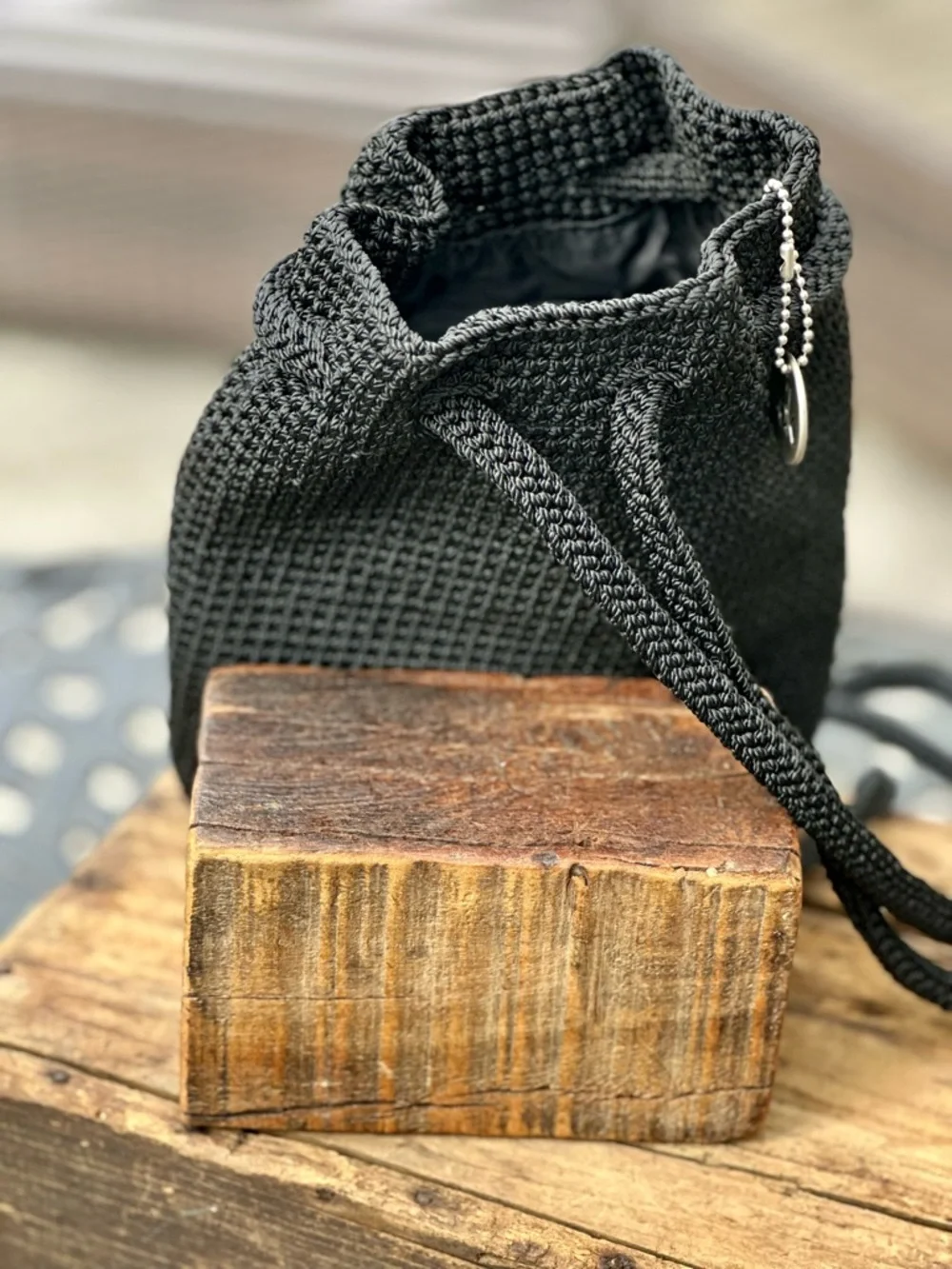The Sak Black Crochet Bucket Bag Drawstring Crossbody Boho Backpack Purse
